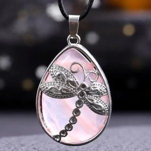 Rose Quartz Dragonfly Natural Stone Drop Pendant Necklace Healing Gemstone